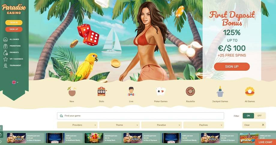 Paradise Casino Main Page