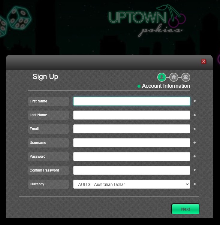 Uptown Pokies Casino Signup Form